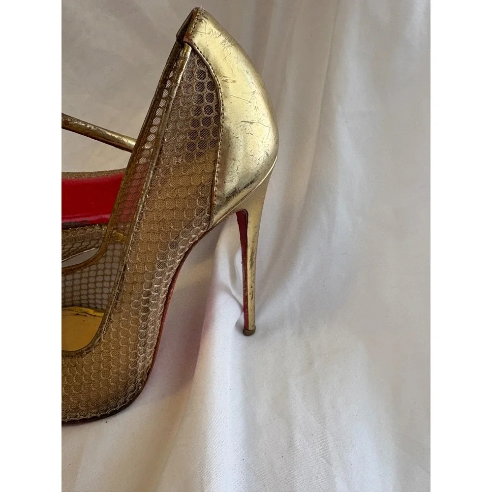 Christian Louboutin Follies Resille Gold Mesh Red Bottom Pumps Heels 36.5
